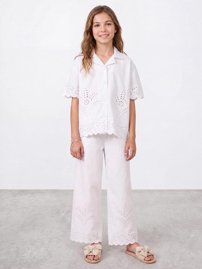 R&B Girls White Self Design Collared Neck Short Sleeves Shirt