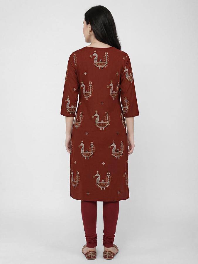 R&B Women Maroon Etnic Motifs Print V-Neck Knee Length Pure Cotton Ethnic Kurta