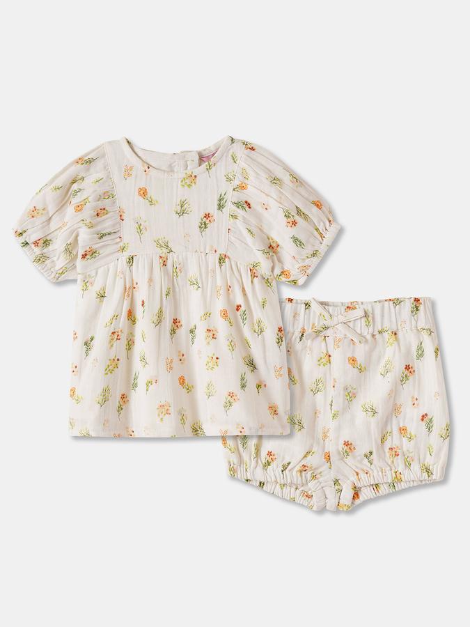 Girls Floral Puff Sleeve Top with Shorts Set