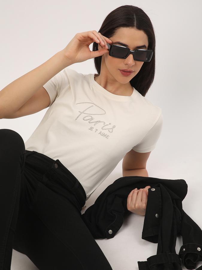 Women Typographic Print Regular Fit Round-Neck T-Shirt image number 0