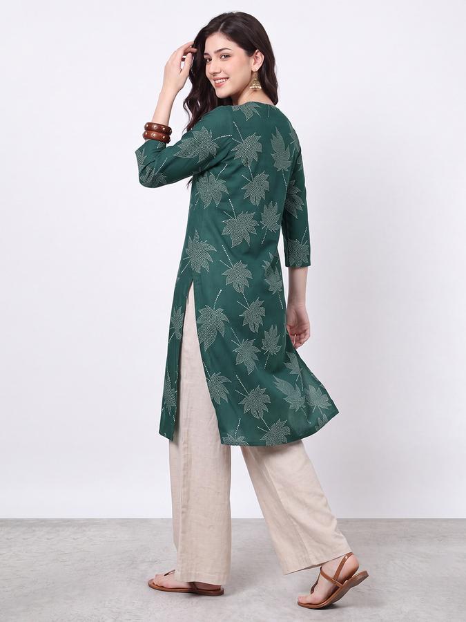 R&B Womens Green Three-Quarter Sleeves V Neck Floral Printed Straight Kurta