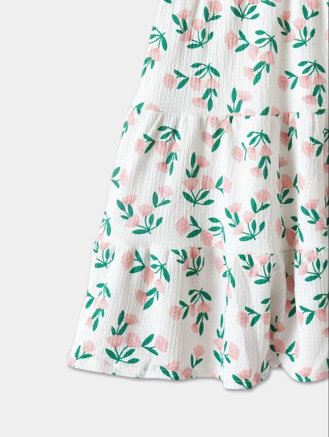 R&B White Floral Printed Girls Short Sleeves Dress