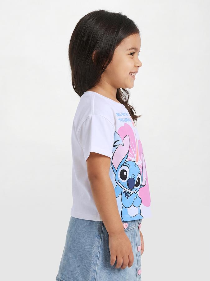 R&B Girls White Regular Fit Stitch Printed Short Sleeve T-shirt