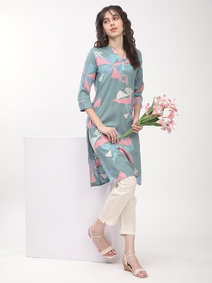 Women's regular fit sea green abstract printed mandarin collared straight kurta image number 1