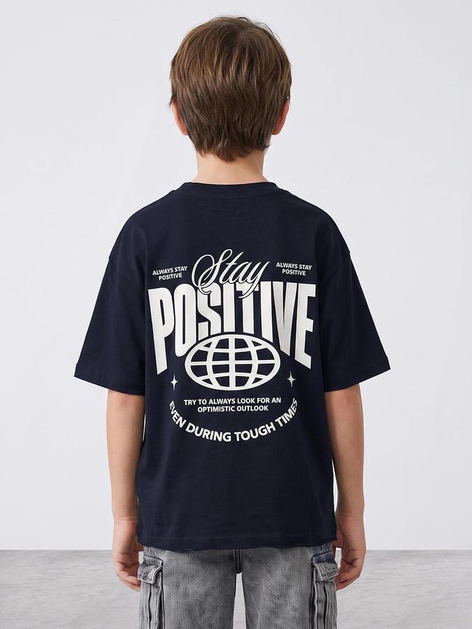 R&B Boys Navy Blue Graphic Back Print Short Sleeves Round Neck Pure Cotton T-Shirt