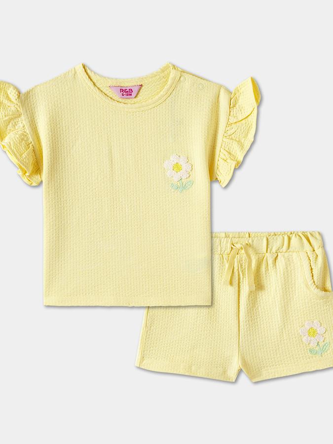 Girls Solid Ruffled Sleeve Knit Top with Shorts Set
