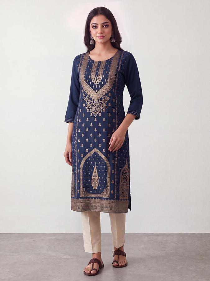 R&B Women Teal Blue Ethnic Motif Round Neck 3/4 Sleeve Straight Kurta