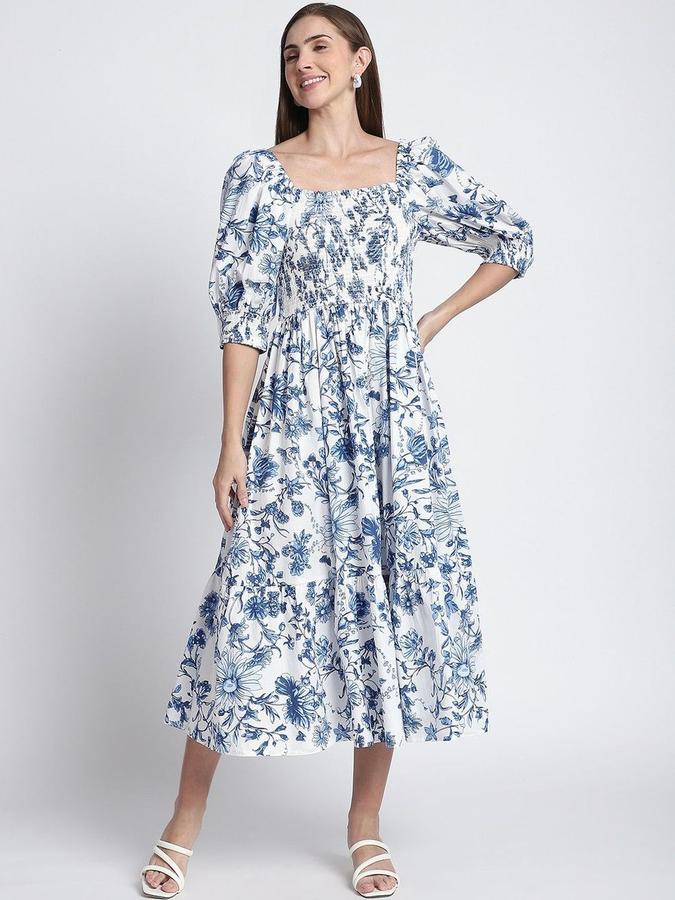 R&B Women Blue Floral Three-Quarter Sleeves Square Neck Midi A-Line Dress