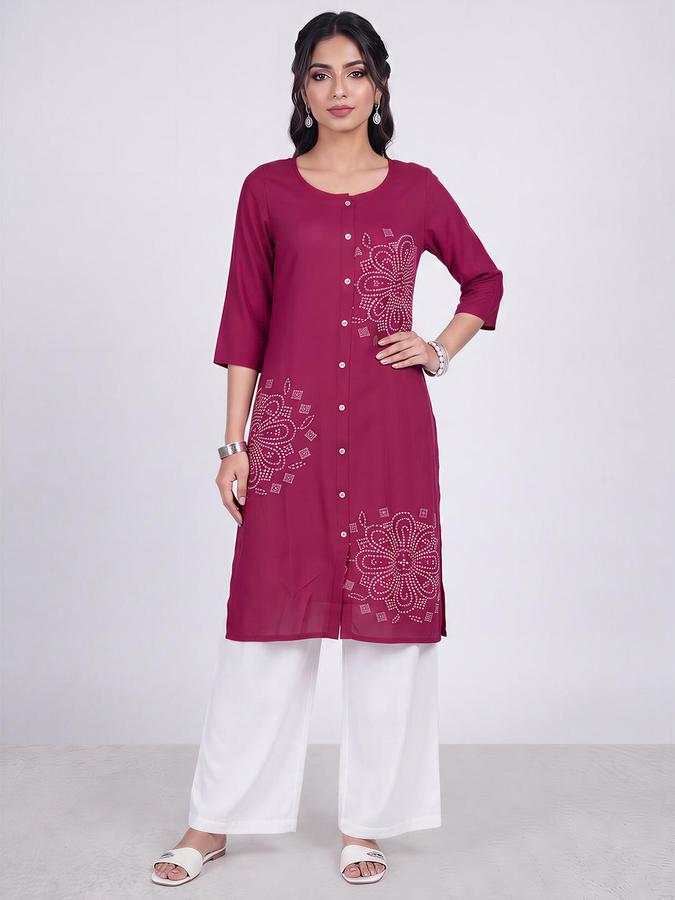 R&B Women Dark Pink Floral Print Round Neck Three-Quarter Sleeves Ethinic Kurta