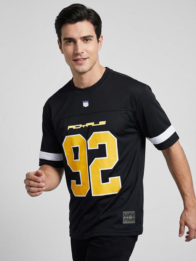 R&B Black Graphic Print Men Round Neck Relaxed Fit Short Sleeves T-Shirt 