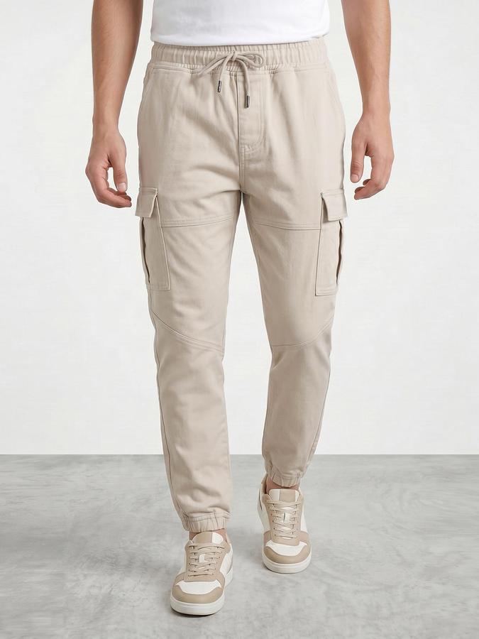 R&B Men's Beige Relaxed Fit Cargos Trousers