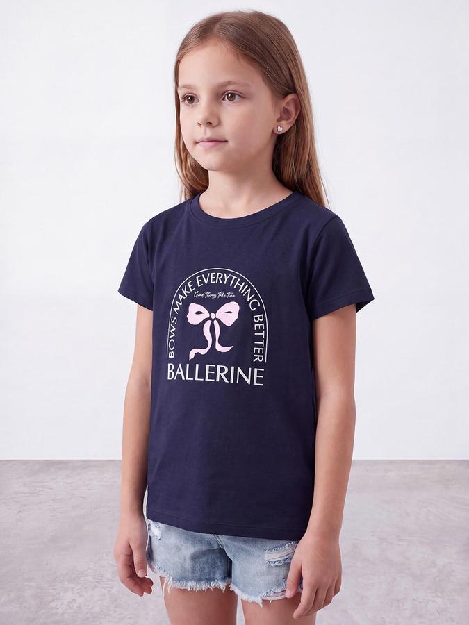 R&B Girls Blue Graphic Print Short Sleeves Round Neck Pure Cotton T-Shirt