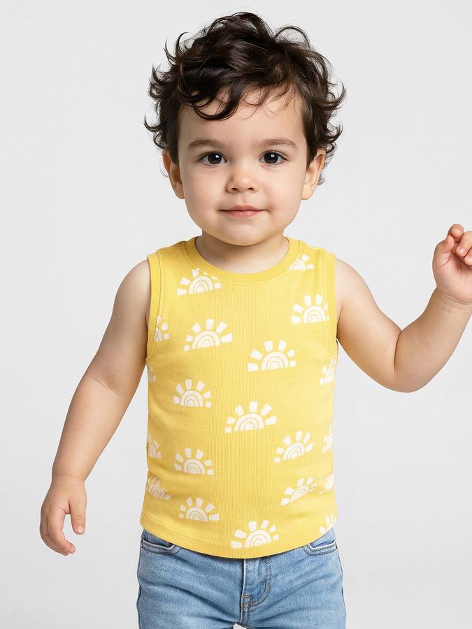 R&B Yellow Graphic Print Boys Round Neck Regular Fit Sleeveless T-Shirt 