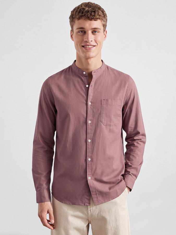 R&B Men's Mauve Long Sleeves Slub Mandarin Collar Shirt
