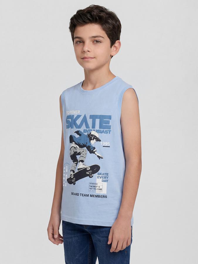 R&B Blue Graphic Print Boys Round Neck Regular Fit Sleeveless T-Shirt 