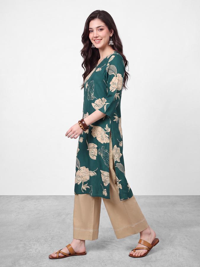 R&B Womens Teal Green Three-Quarter Sleeves V Neck Floral Printed Straight Kurta