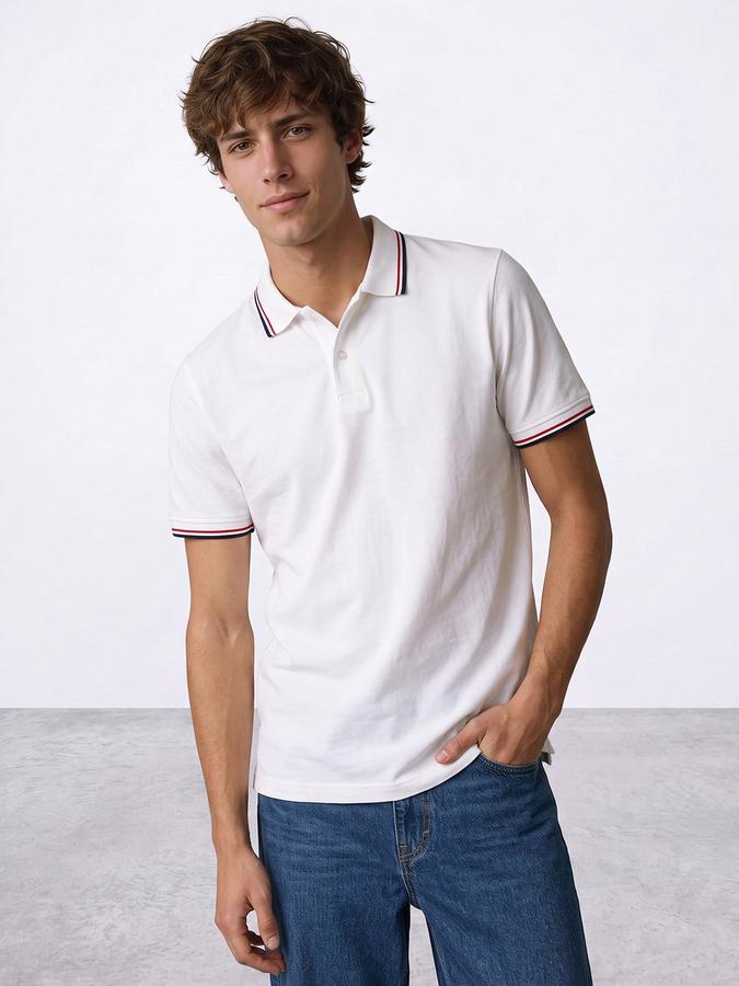 R&B Men Ivory Textured Short Sleeves Polo Collar T-Shirt