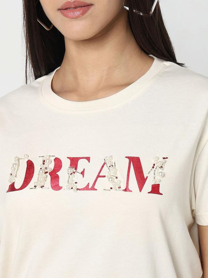 R&B Womens Off White Typography Printed  Round Neck Short Sleeves T-shirt