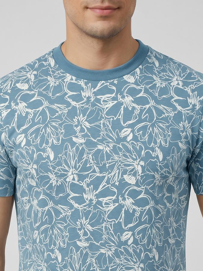 R&B Blue Floral Print Men Round Neck Regular Fit Short Sleeves T-Shirt 