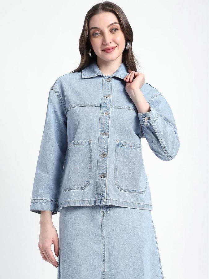 R&B Women Light Blue Long Sleeves Solid Shirt Collar Denim Jacket