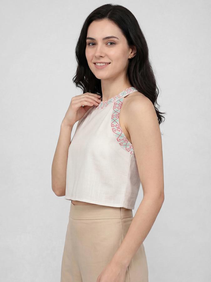 R&B Off White Ethnic Motifs Print Halter Neck Sleeveless Women Top