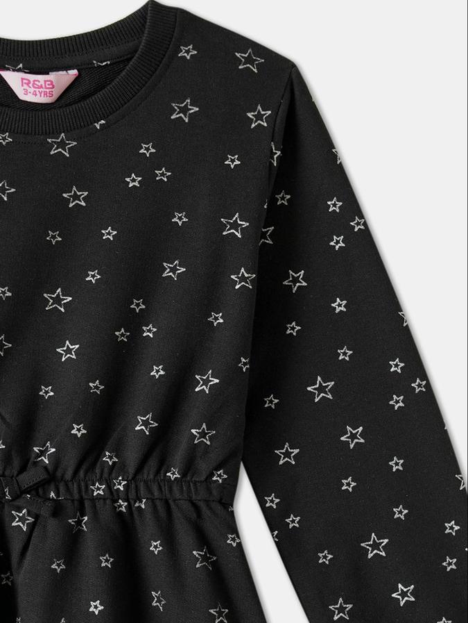 R&B Black Geometric Printed Girls Long Sleeves Dress