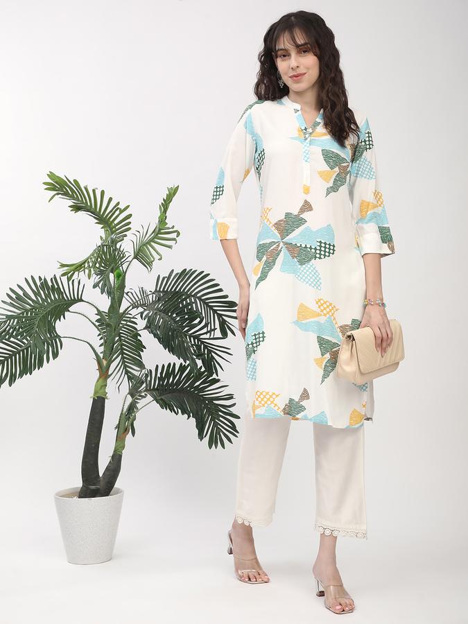 Women's regular fit white abstract printed mandarin collared straight kurta image number 1