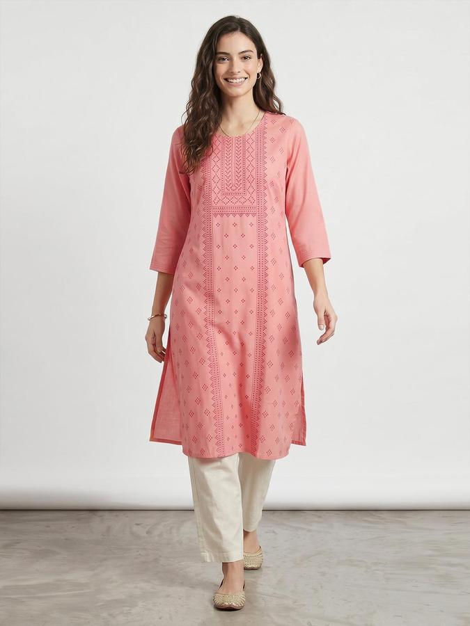 R&B Women Coral Printed Round Neck Three-Quarter Sleeves Calf Length Straight Kurta 