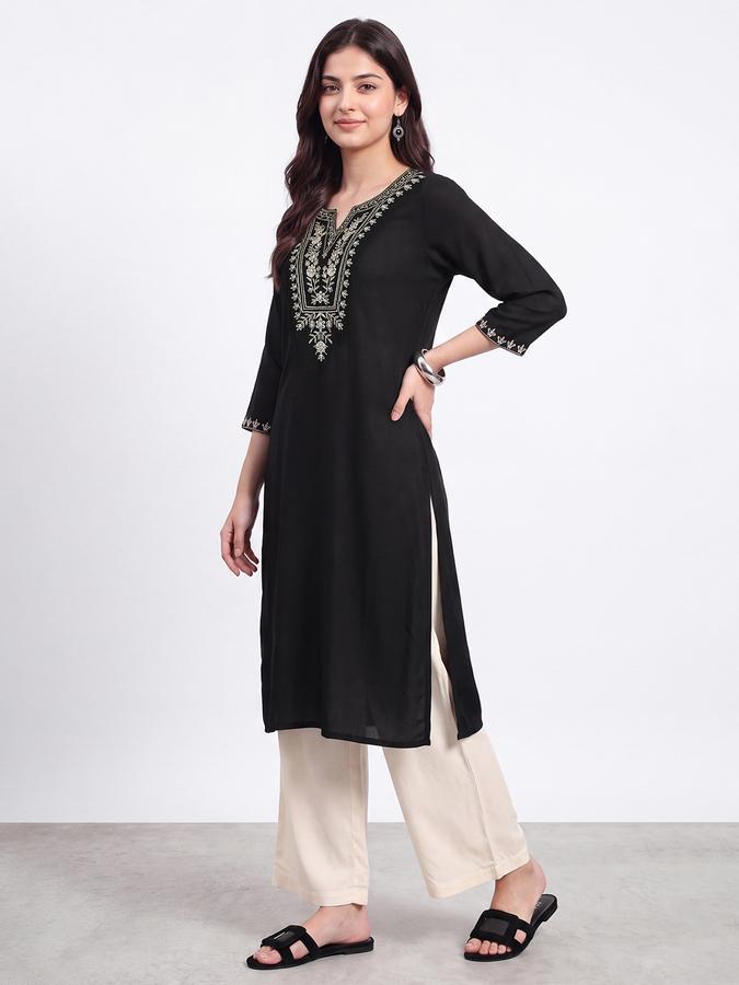 R&B Womens Black Three-Quarter Sleeves Round Neck Floral Embroidery Straight Kurta