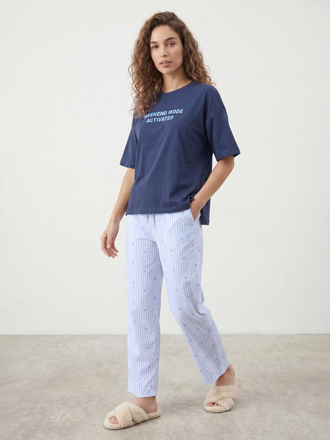 R&B Women's Blue Printed Pure Cotton T-Shirt & Pyjama Night Suit Set