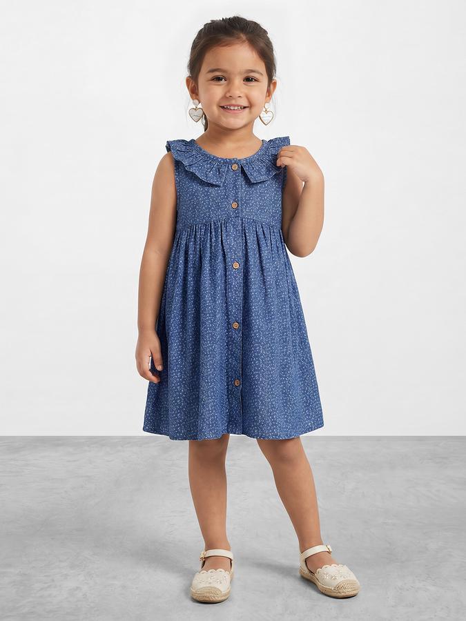 R&B Girl Navy Blue Floral Print Pure Cotton Sleeveless Fit and Flare Dress
