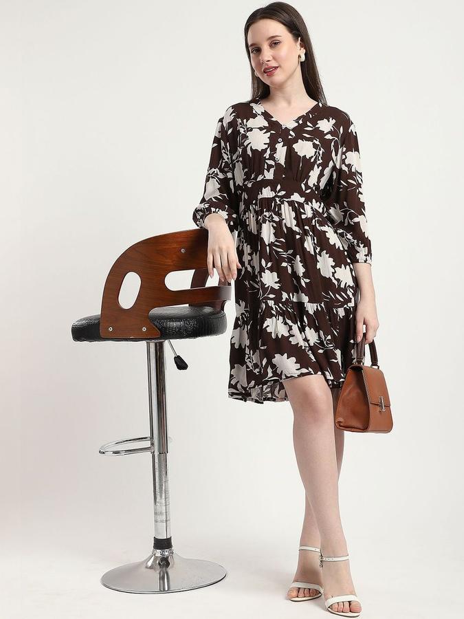 R&B Women Brown Floral Three-Quarter Sleeves V-Neck Mini Fit &amp; Flare Dress