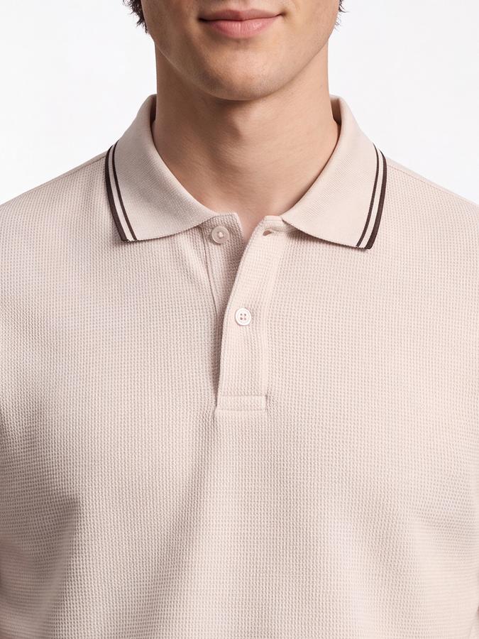 R&B Men Beige Textured Short Sleeves Tipping Polo Collar Tshirt