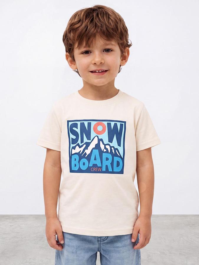 R&B Boys Ivory Short Sleeve Round Neck Snow Board Crew Graphic Print T-Shirt