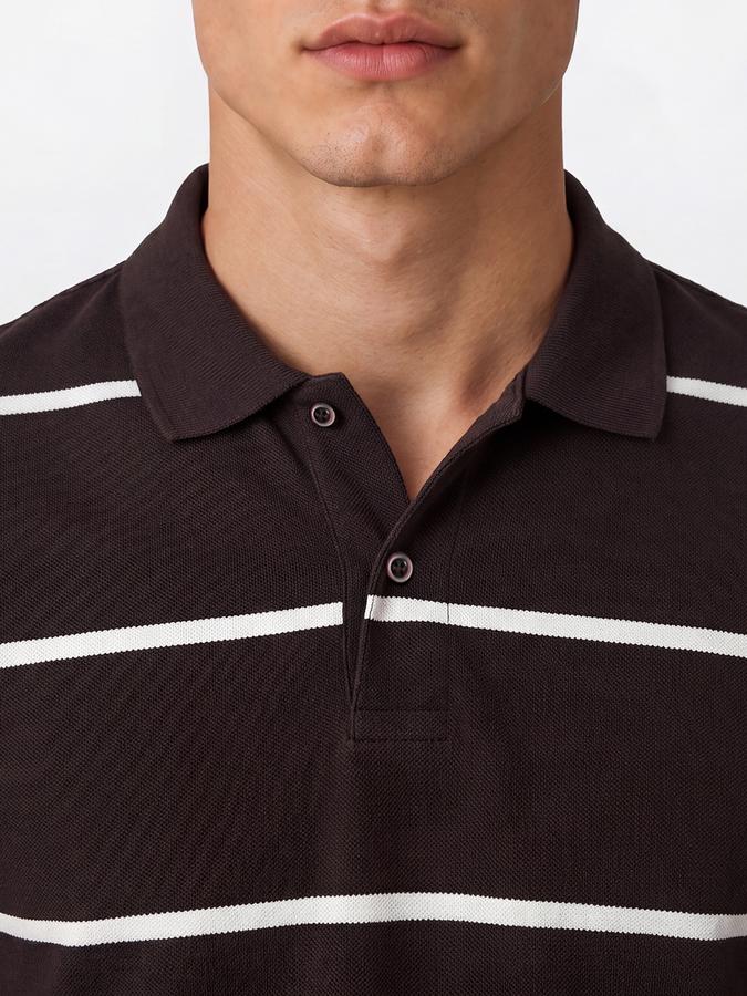 R&B Men's Brown Short sleeve Polo Neck Striped Pure Cotton T-Shirt