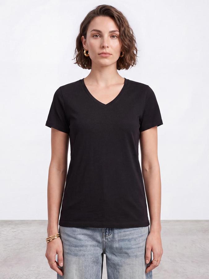 R&B Women Black Short Sleeve V Neck Solid T-Shirt