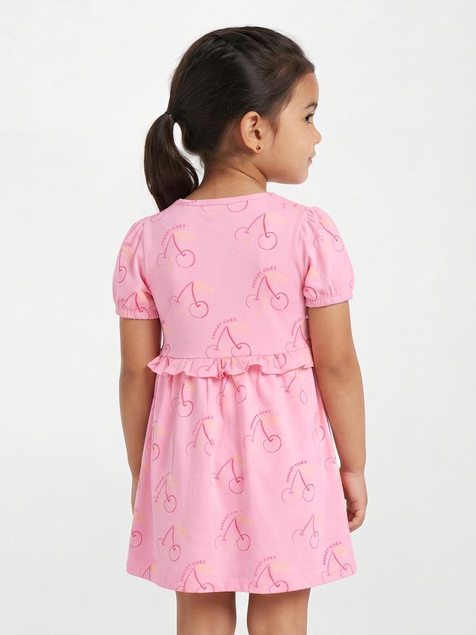 R&B Girl Pink Cherry Print Pure Cotton Puff Sleeves Fit and Flare Dress