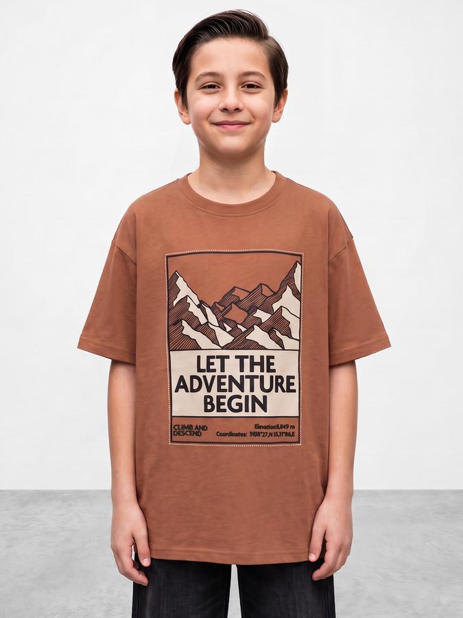 R&B Boys Brown Graphic Print Short Sleeves Round Neck Pure Cotton T-Shirt