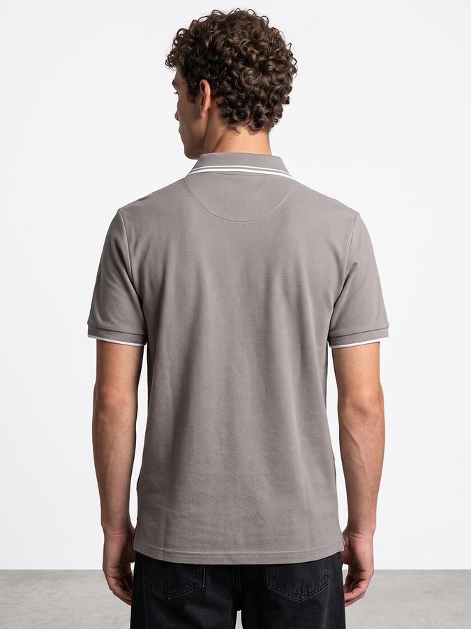 R&B Men Light Grey Textured Short Sleeves Polo Collar T-Shirt