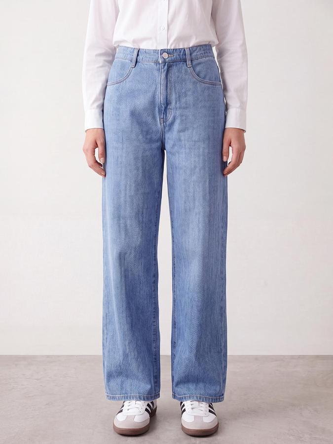 R&B Women Mid Blue Wide Leg Bottom Pure Cotton Denim Jeans