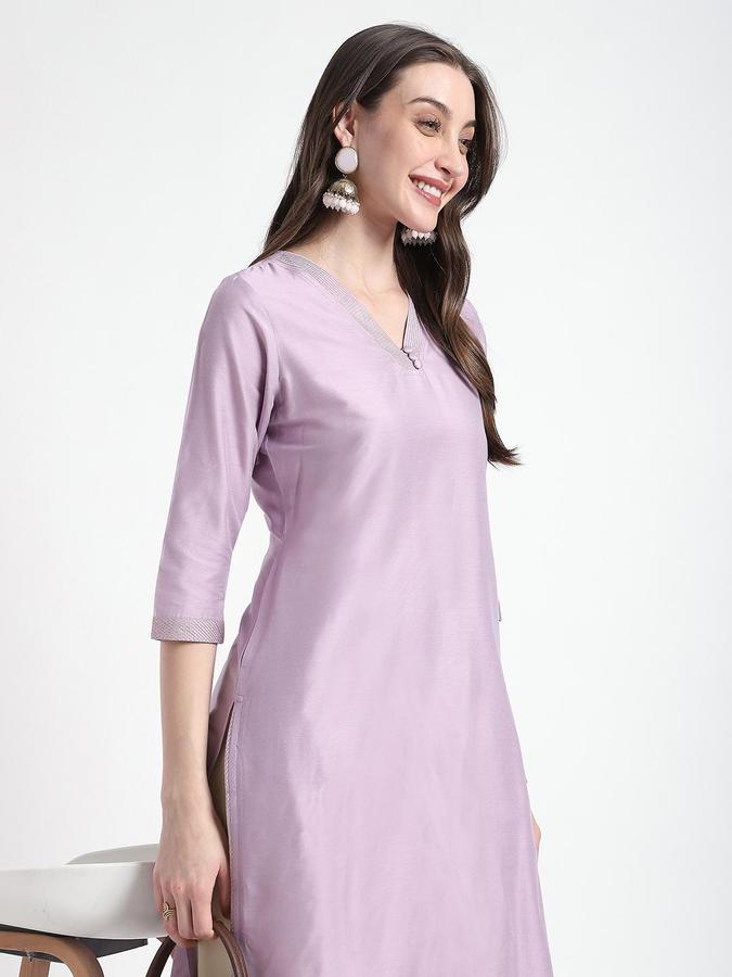 R&B Women Purple Solid V-Neck Knee Length Ethnic Kurta