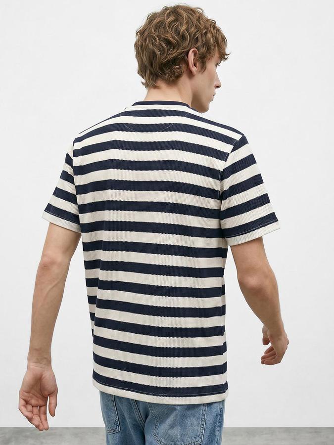 R&B Navy Blue Men Striped Short Sleeves Tshirt