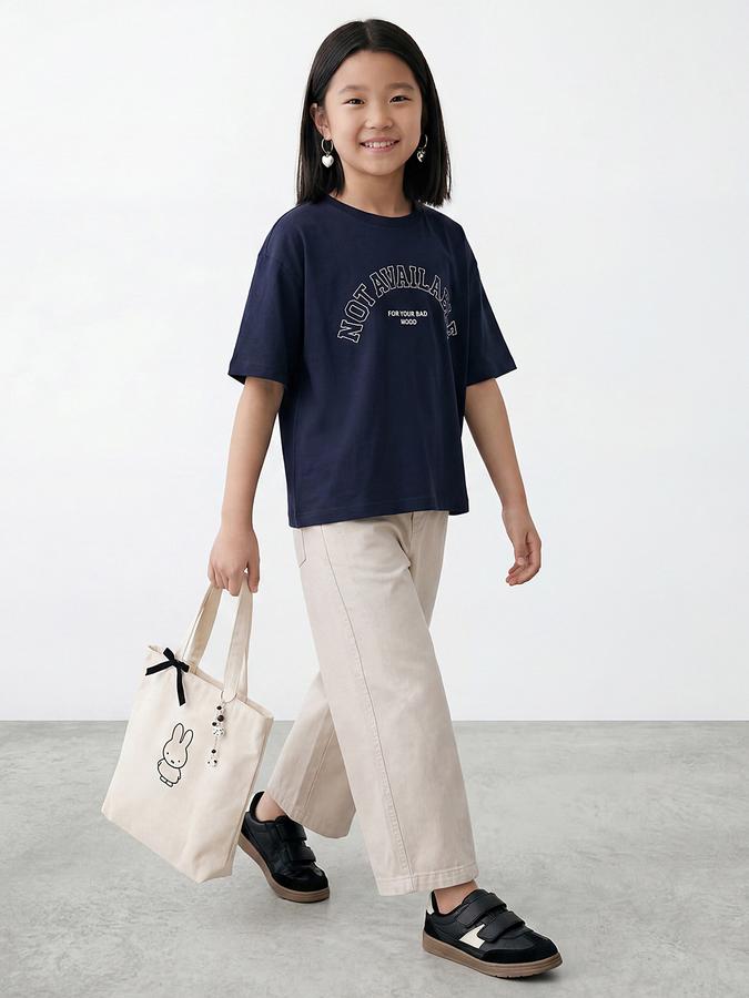 R&B Girls Navy Blue Regular Fit Typography Short Sleeve T-shirt