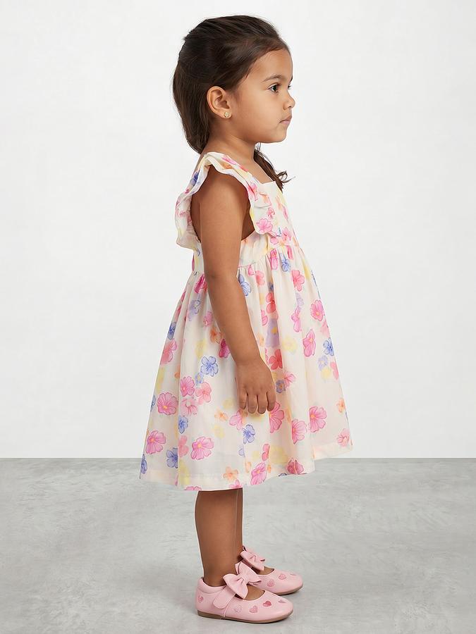 R&B Girl White Floral Print Pure Cotton Flutter Sleeves Fit and Flare Dress