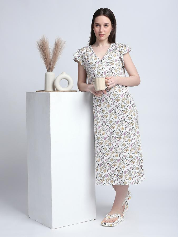 Women Cotton Relaxed Fit V-Neck Printed Night Shirt