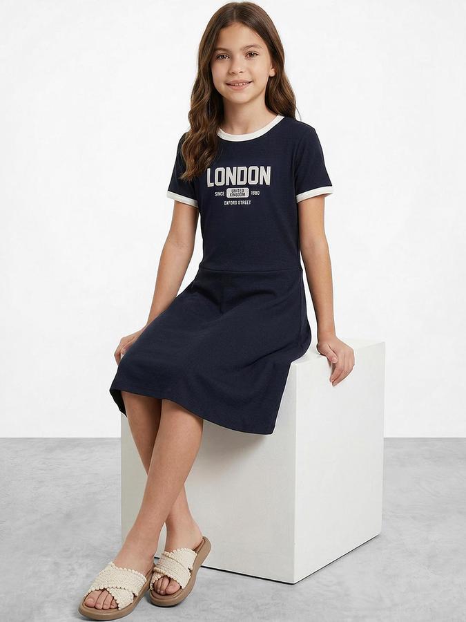 R&B Navy Blue Cotton Printed Girls Dresses
