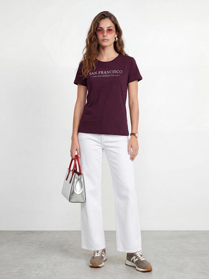 R&B Womens Wine Typography Printed Round Neck Half Sleeve Regular Fit Cotton T-Shirt