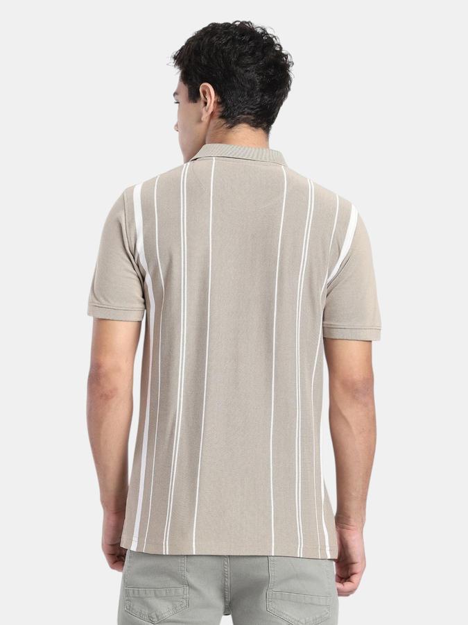 R&B Beige Striped Men Short Sleeve Polo T-shirt