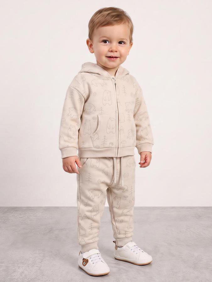 R&B Boys Long Sleeve Hooded Bear Print Beige Hoodie and Jogger Set