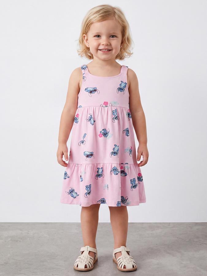 R&B Girls Pink Stitch Printed Strappy Tiered Dress